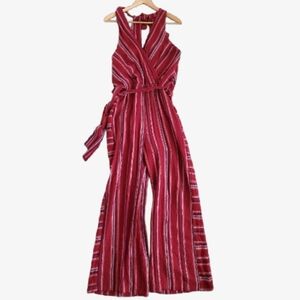 🌹🌺 Indigo Rein Red Maroon Striped Halter Linen Jumpsuit